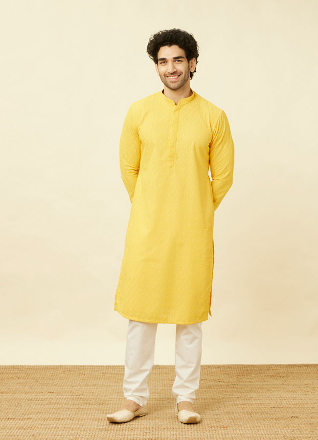 Manyavar Men Primrose Yellow Chikankari Embroidered Kurta Set