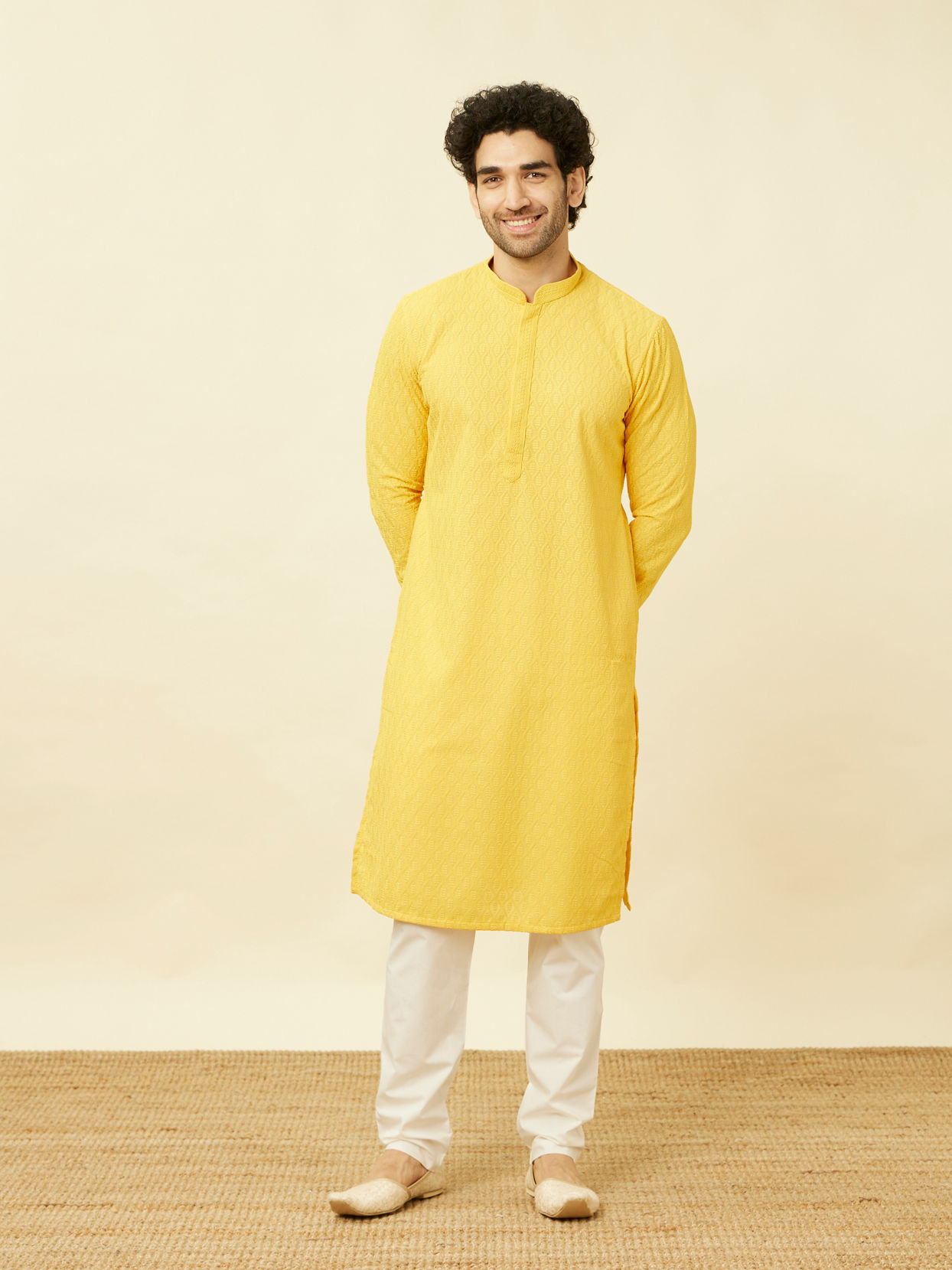 Manyavar Men Primrose Yellow Chikankari Embroidered Kurta Set