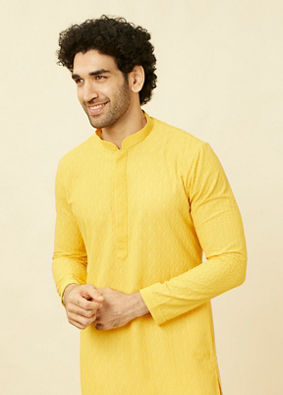 Manyavar Men Primrose Yellow Chikankari Embroidered Kurta Set image number 0