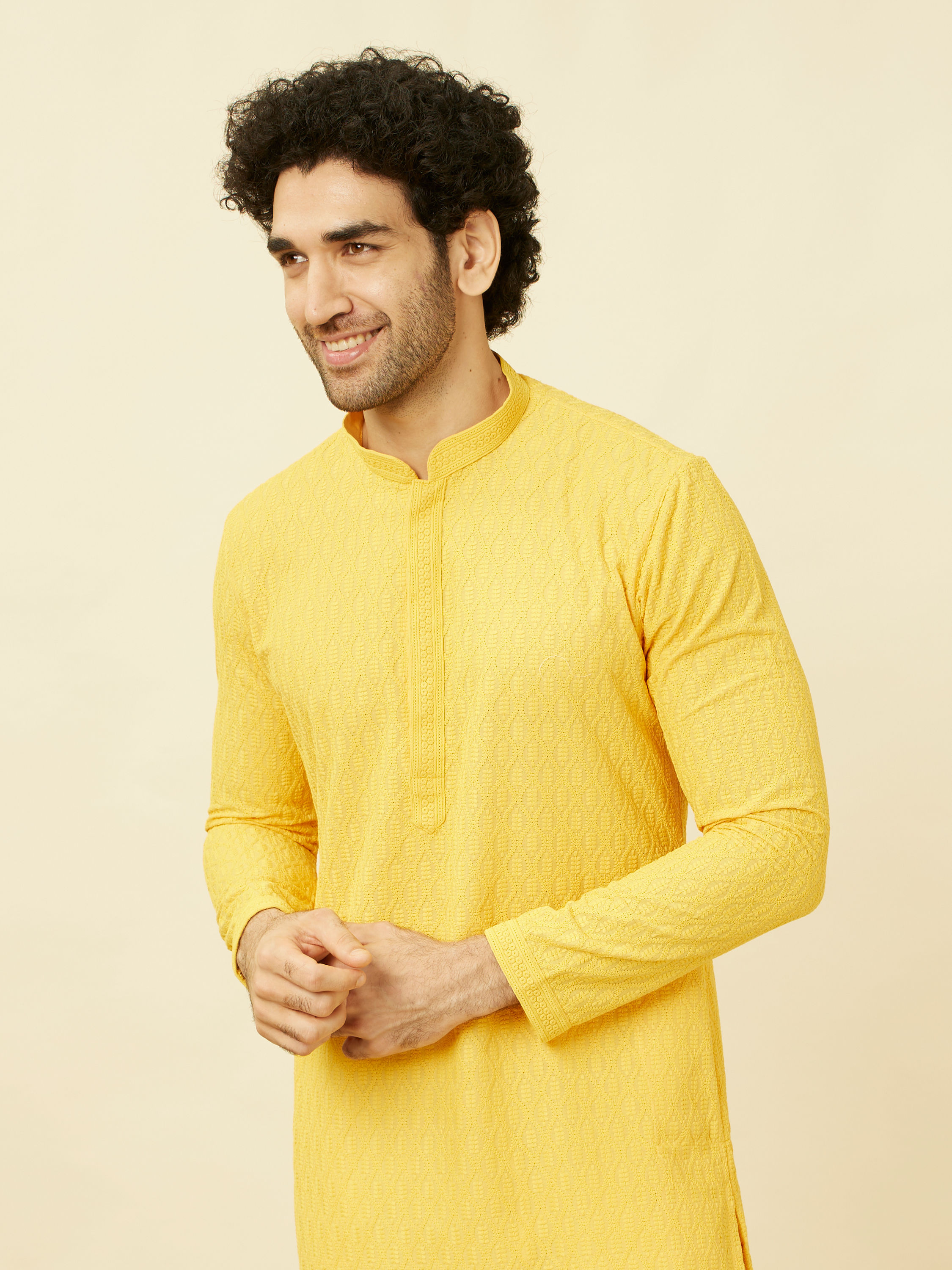 Manyavar Men Primrose Yellow Chikankari Embroidered Kurta Set