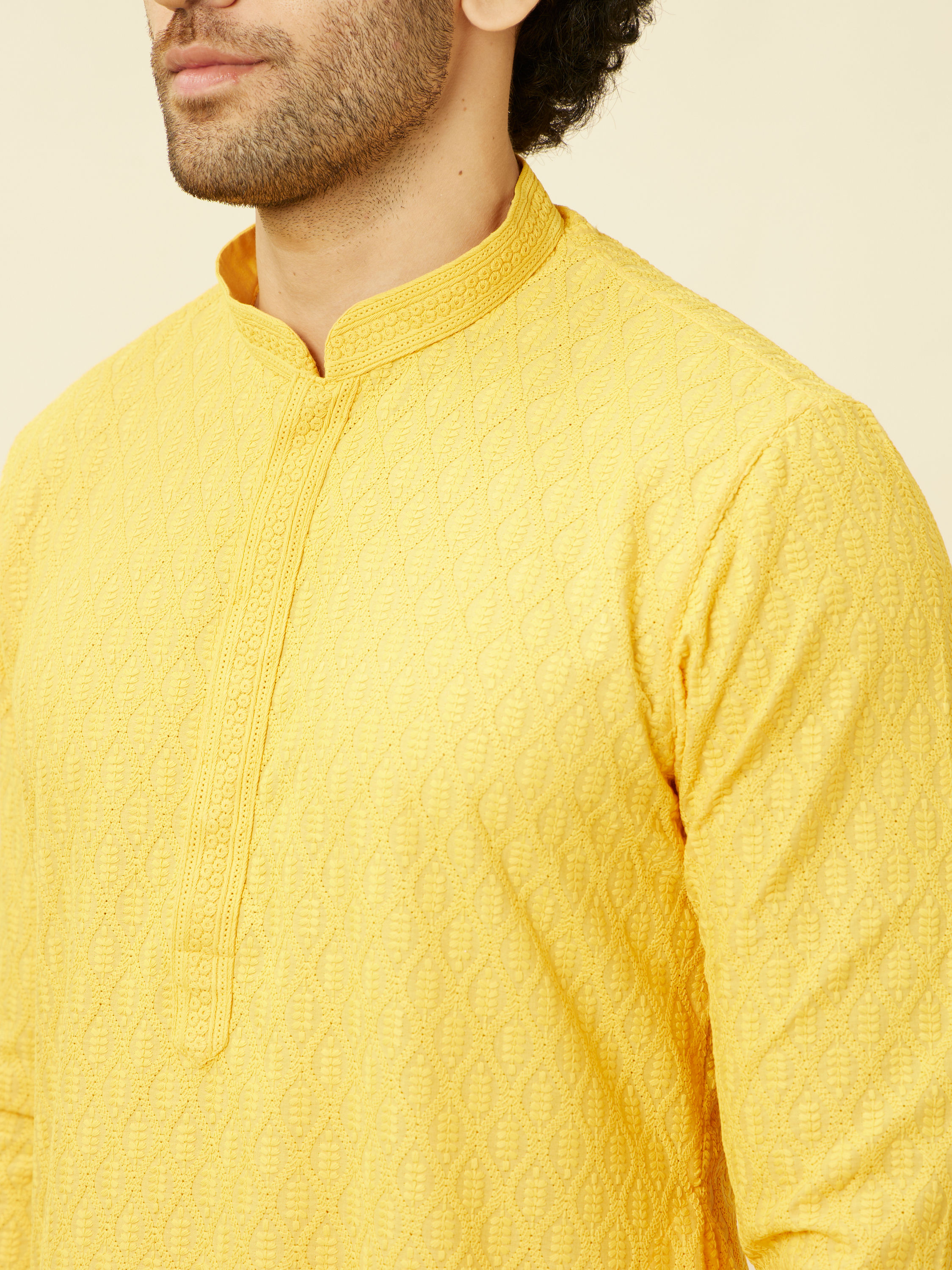 Manyavar Men Primrose Yellow Chikankari Embroidered Kurta Set