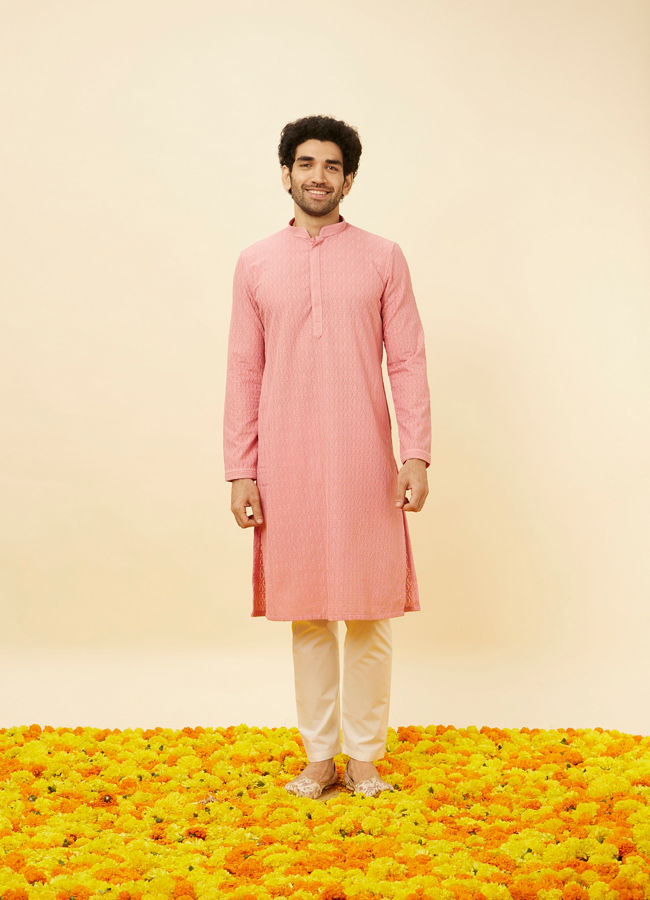 Manyavar Men Sherbet Pink Fern Jaal Patterned Kurta Set