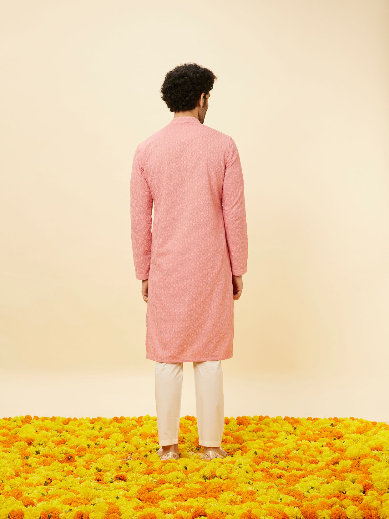 Manyavar Men Sherbet Pink Fern Jaal Patterned Kurta Set