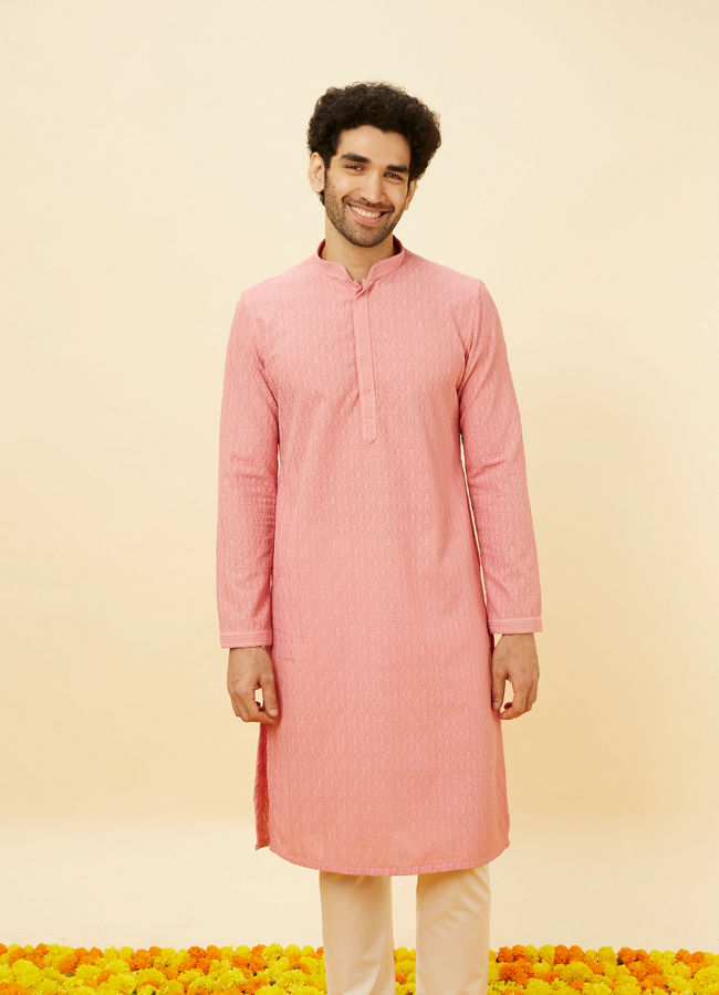 Manyavar Men Sherbet Pink Fern Jaal Patterned Kurta Set