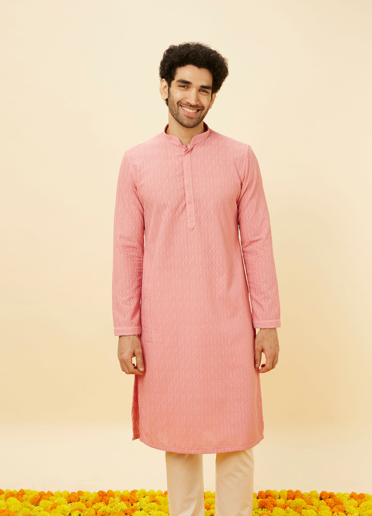 Manyavar Men Sherbet Pink Fern Jaal Patterned Kurta Set