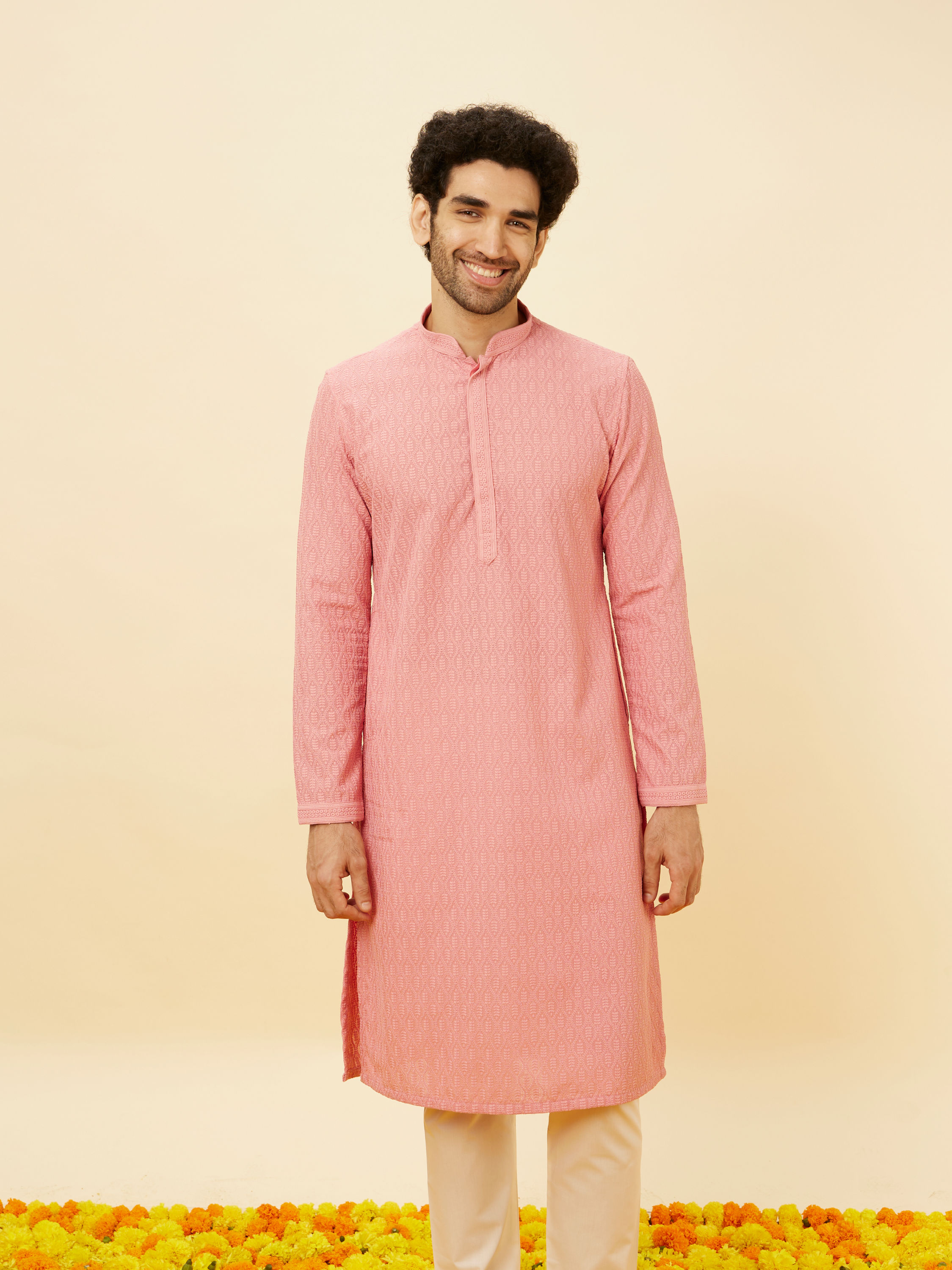 Manyavar Men Sherbet Pink Fern Jaal Patterned Kurta Set