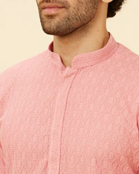 Manyavar Men Sherbet Pink Fern Jaal Patterned Kurta Set