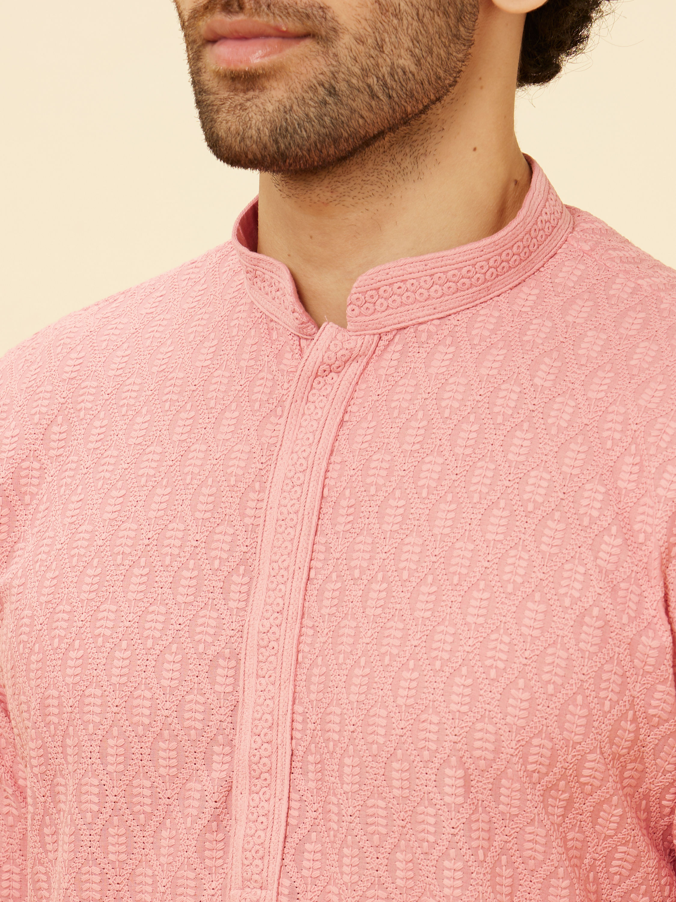 Manyavar Men Sherbet Pink Fern Jaal Patterned Kurta Set