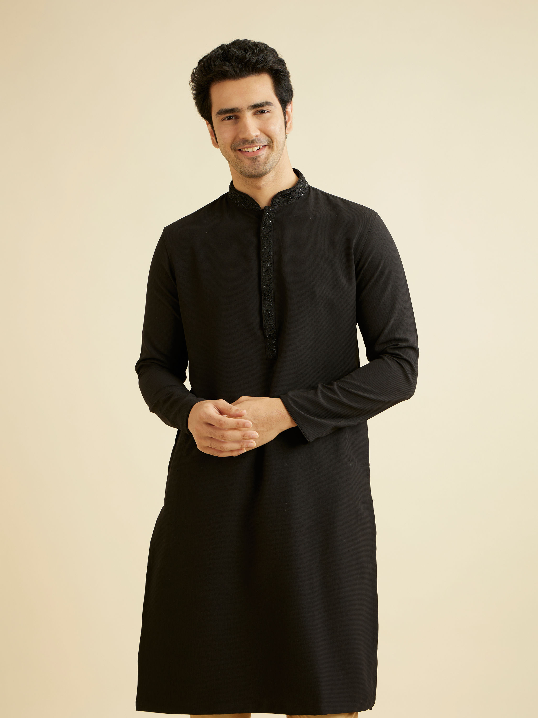 Manyavar Men Black Solid Minimalist Kurta Pajama