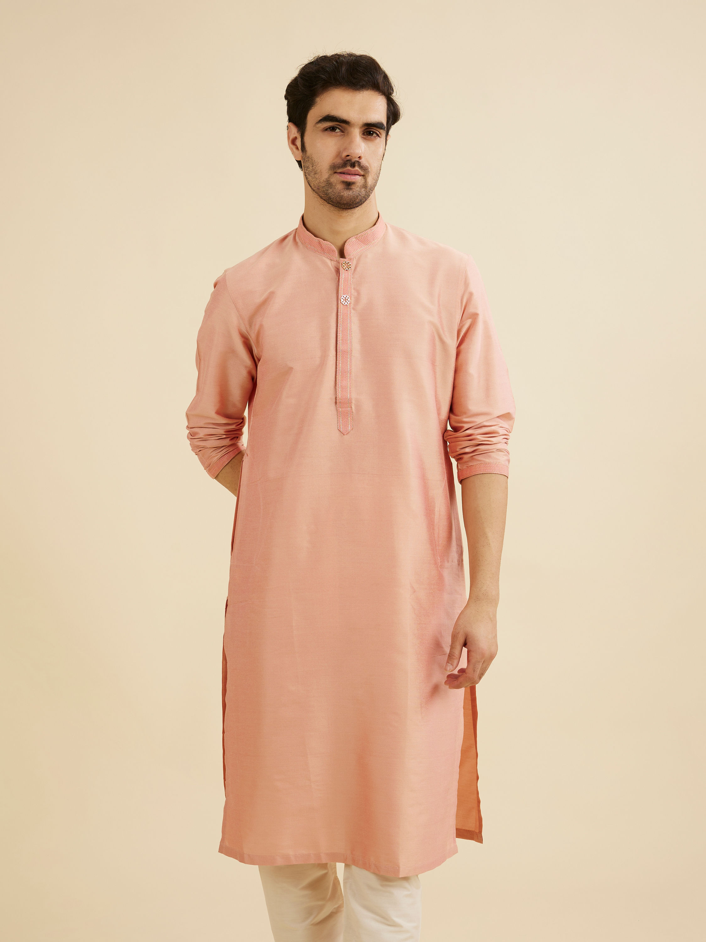 Manyavar Men Pink Solid Occasion Wear Kurta Pajama