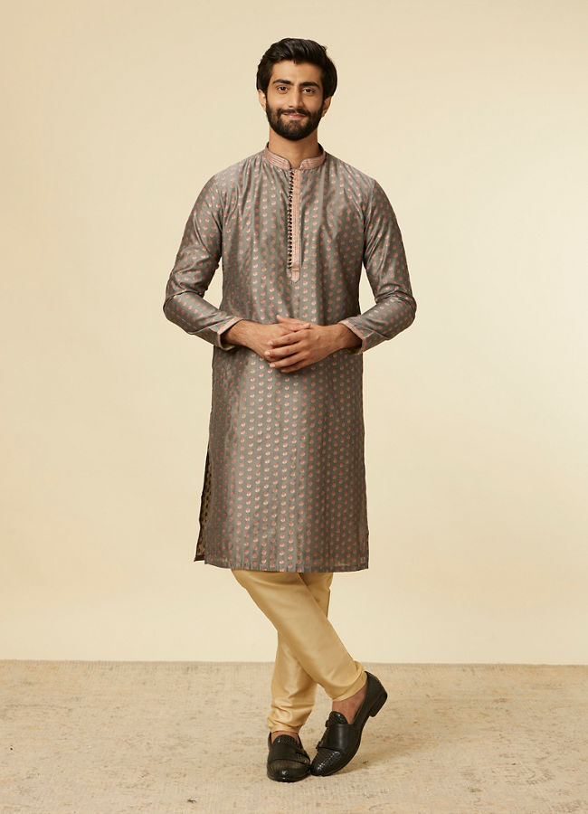 Manyavar Men Pebble Grey Buta Printed Kurta Set