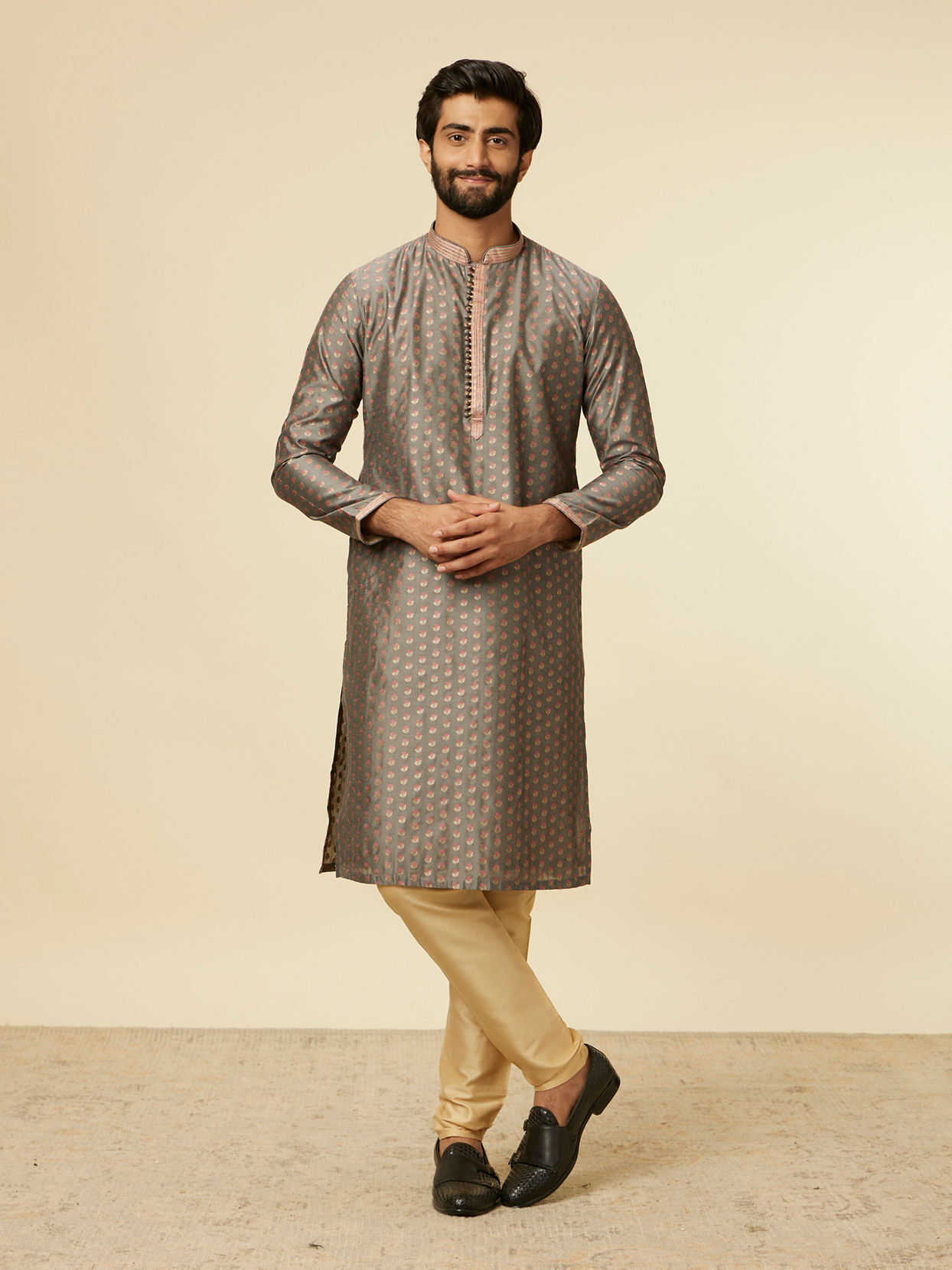 Manyavar Men Pebble Grey Buta Printed Kurta Set