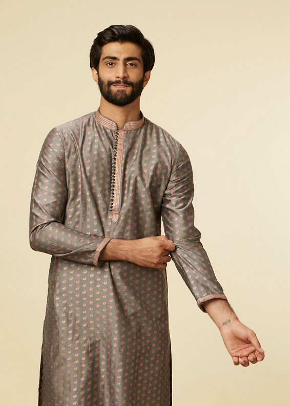 Manyavar Men Pebble Grey Buta Printed Kurta Set