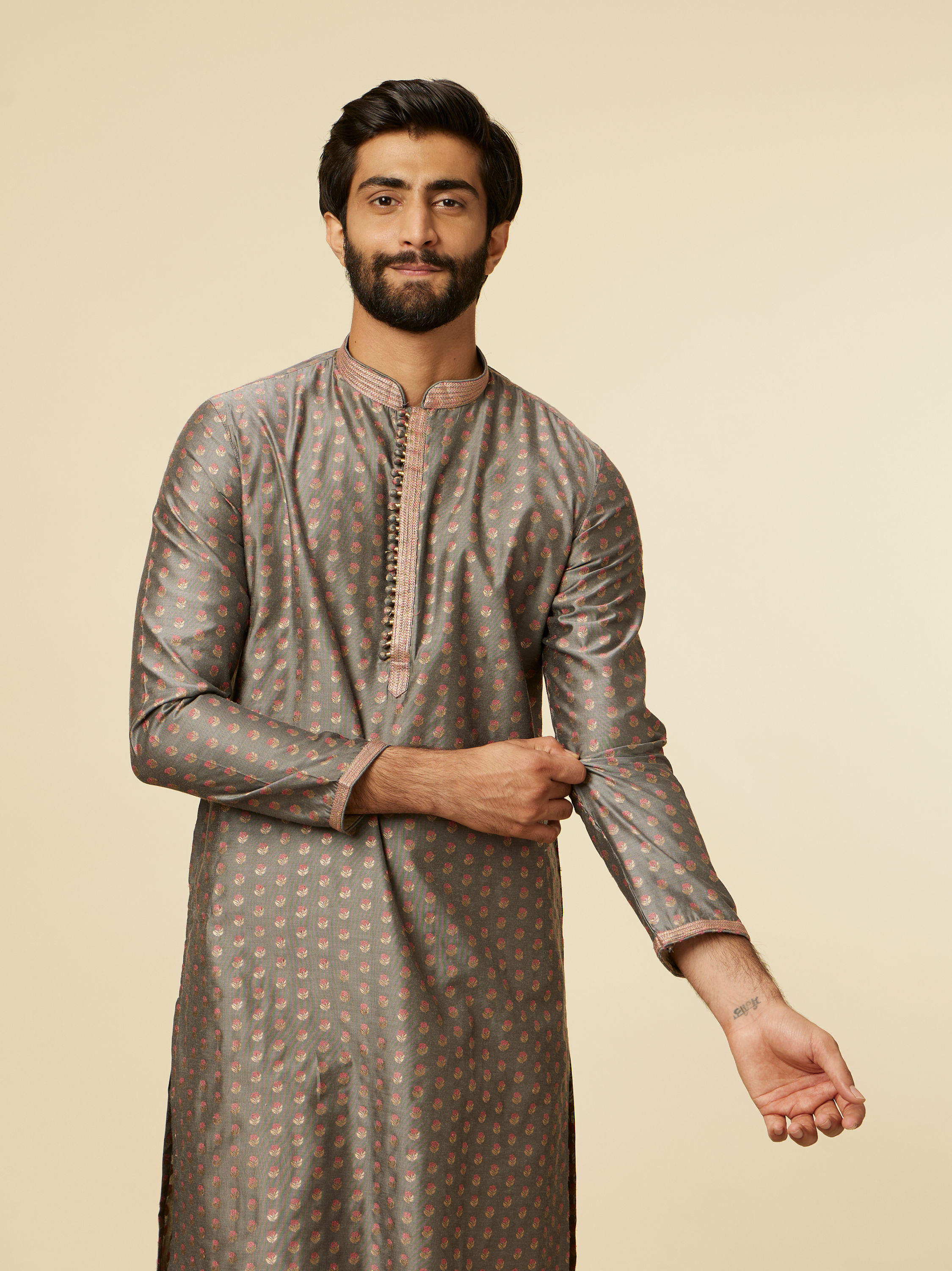 Manyavar Men Pebble Grey Buta Printed Kurta Set