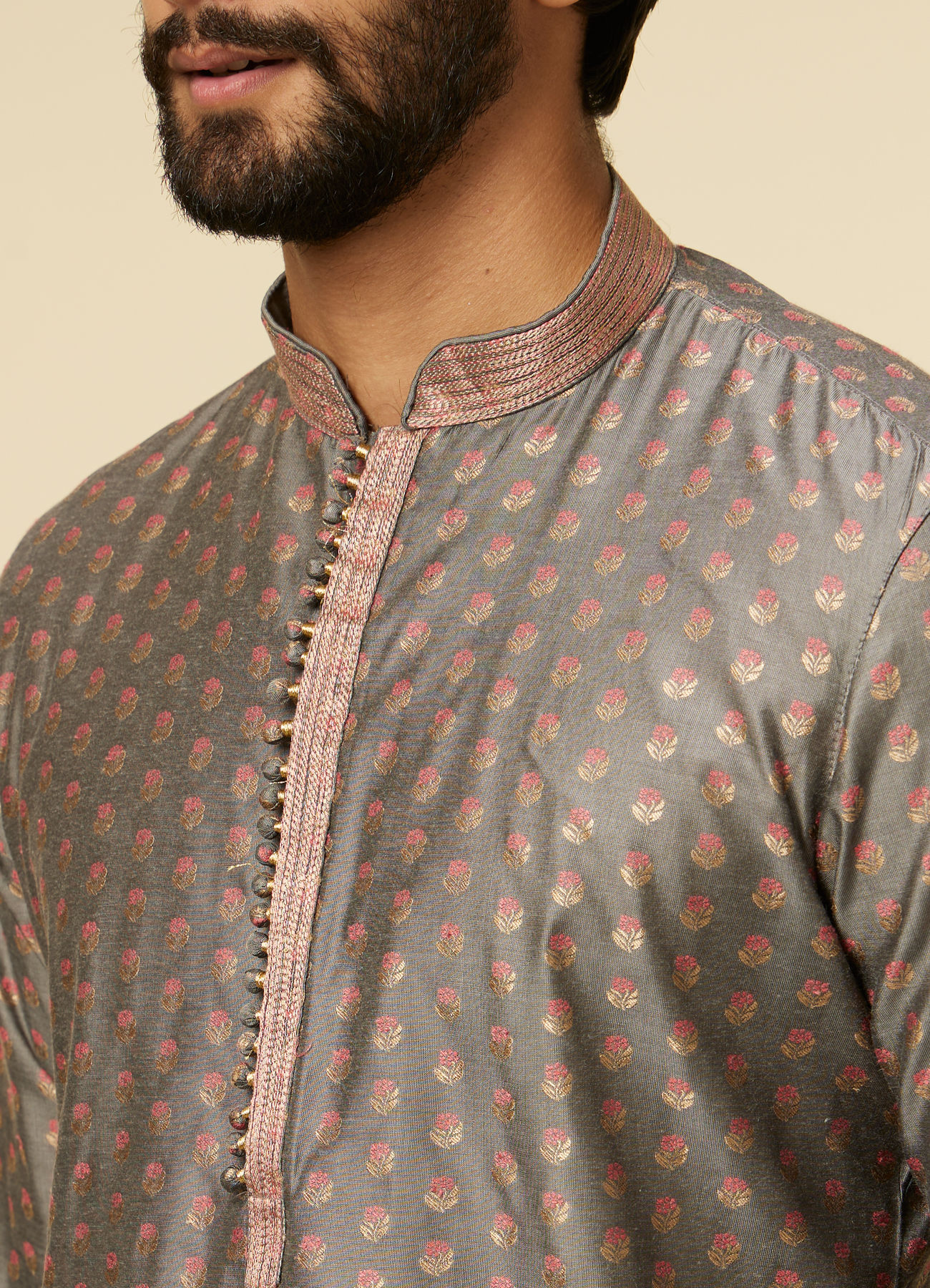 Manyavar Men Pebble Grey Buta Printed Kurta Set