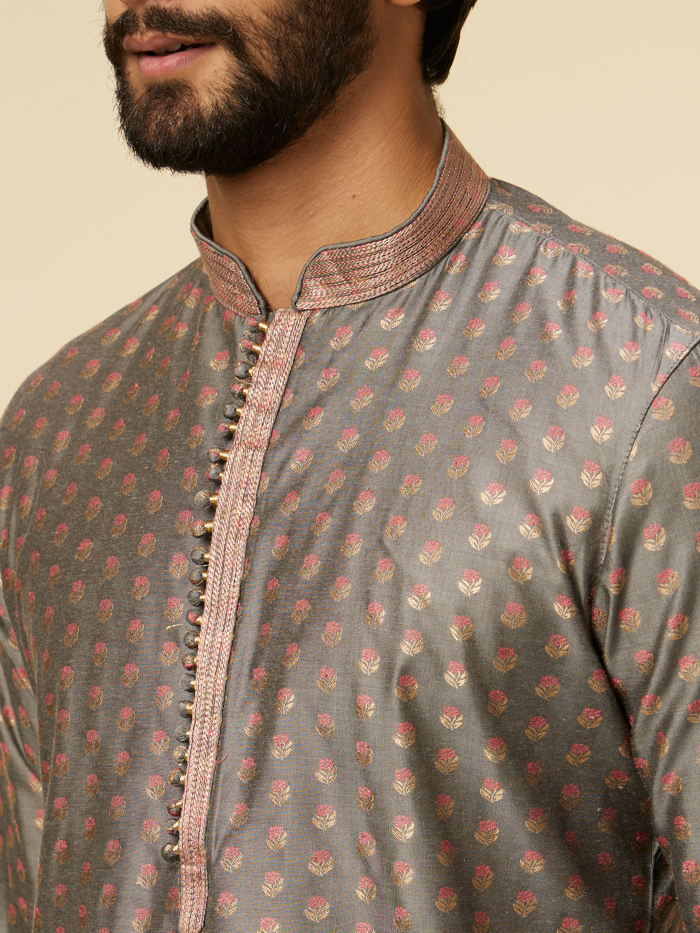 Manyavar Men Pebble Grey Buta Printed Kurta Set