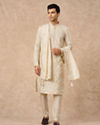 Manyavar Men Cream Blended Viscose Kurta Pajama Dupatta
