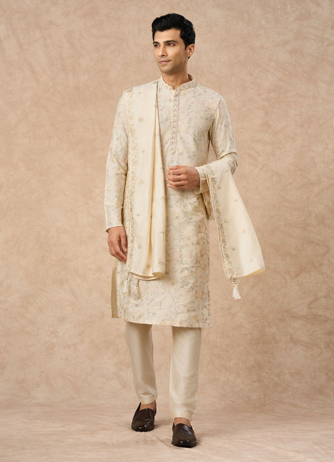 Manyavar Men Cream Blended Viscose Kurta Pajama Dupatta