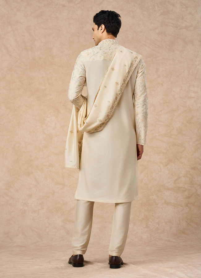 Manyavar Men Cream Blended Viscose Kurta Pajama Dupatta