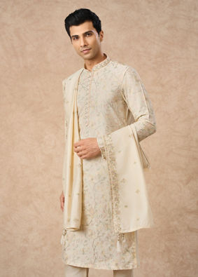 Manyavar Men Cream Blended Viscose Kurta Pajama Dupatta