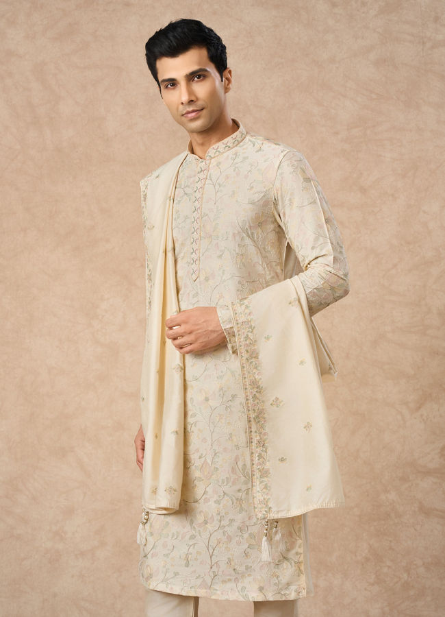 Manyavar Men Cream Blended Viscose Kurta Pajama Dupatta