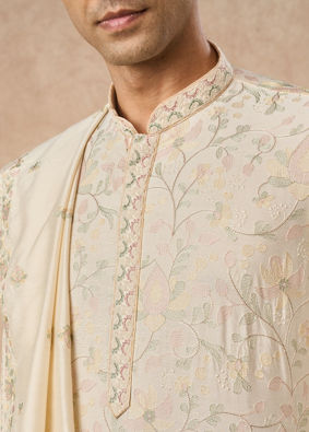 Manyavar Men Cream Blended Viscose Kurta Pajama Dupatta