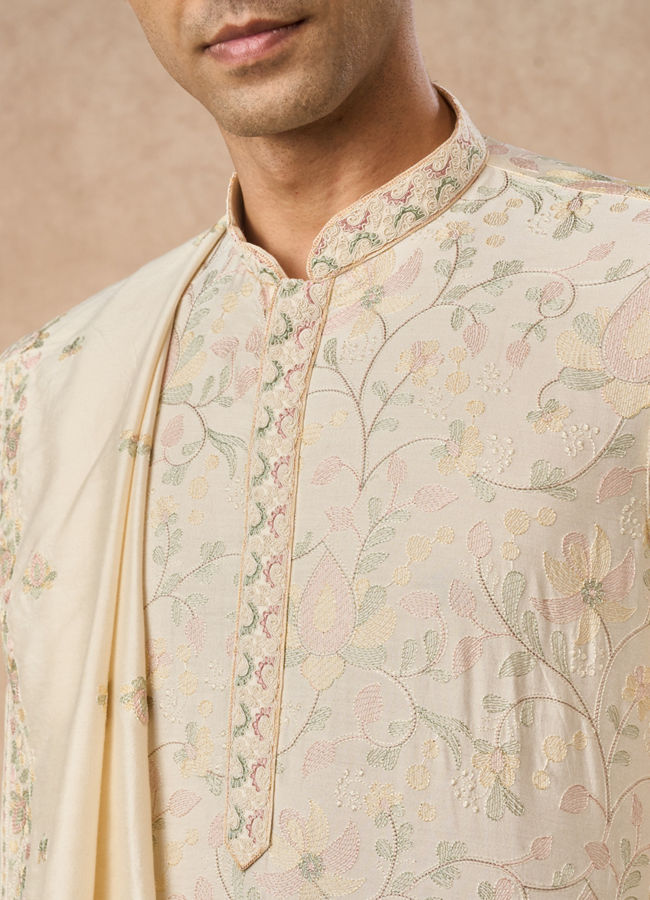 Manyavar Men Cream Blended Viscose Kurta Pajama Dupatta