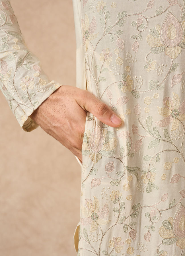 Manyavar Men Cream Blended Viscose Kurta Pajama Dupatta