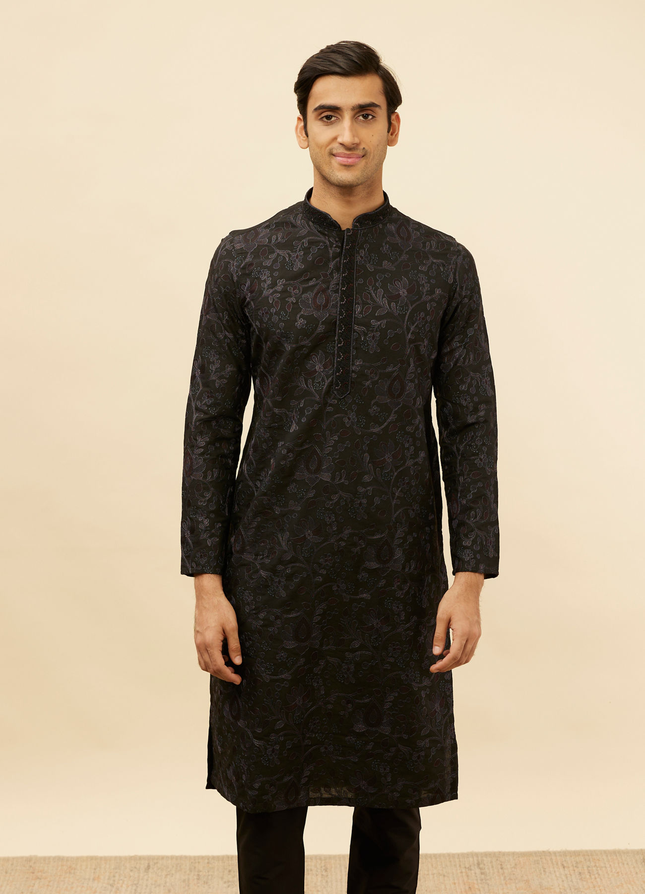 Manyavar Men Kohl Black Botanical Embroidered Kurta Set