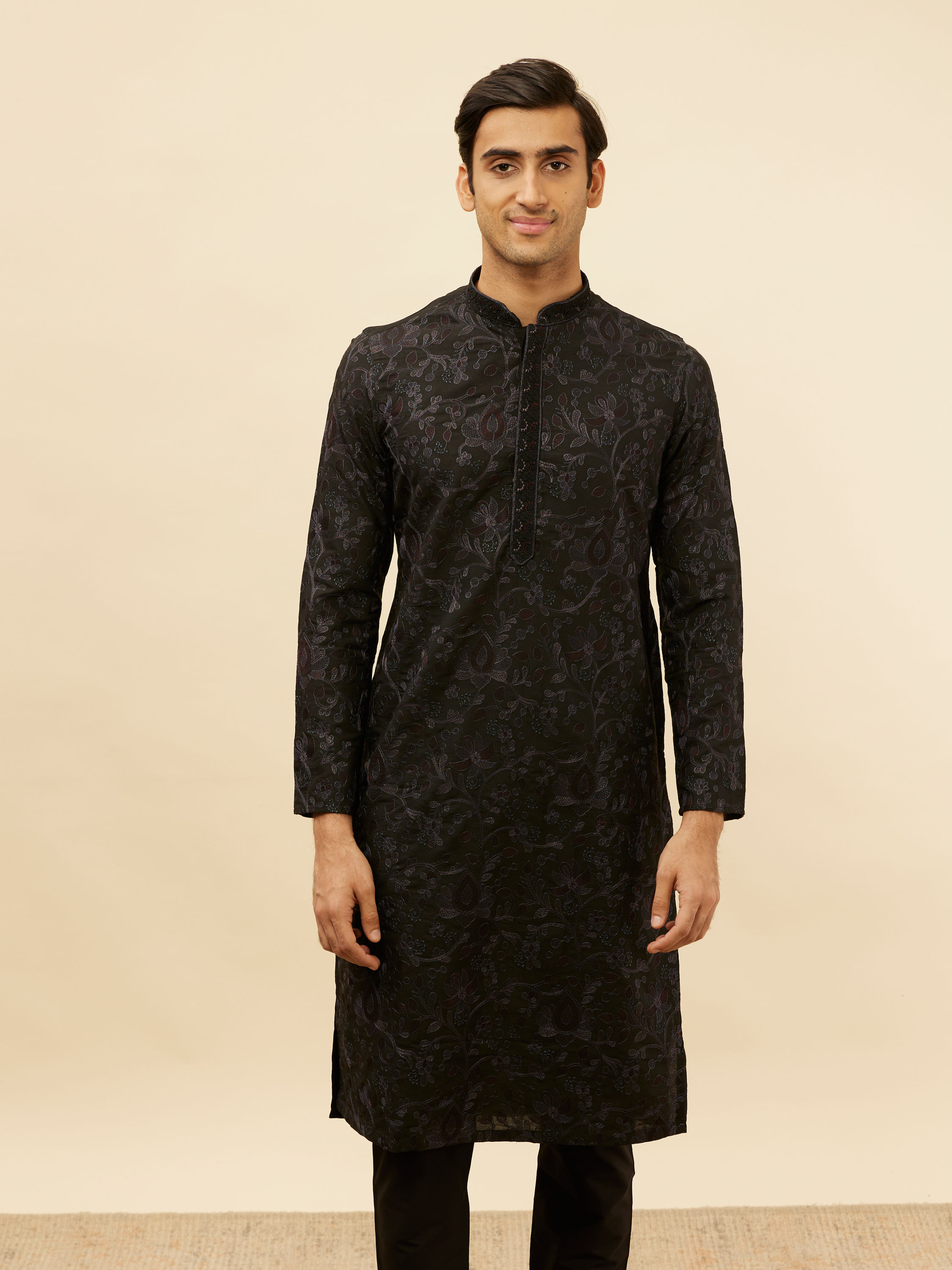 Manyavar Men Kohl Black Botanical Embroidered Kurta Set