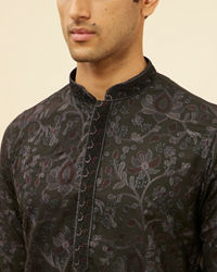 Manyavar Men Kohl Black Botanical Embroidered Kurta Set