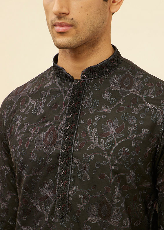 Manyavar Men Kohl Black Botanical Embroidered Kurta Set