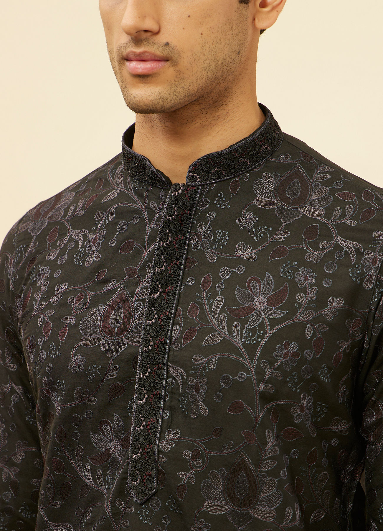 Manyavar Men Kohl Black Botanical Embroidered Kurta Set