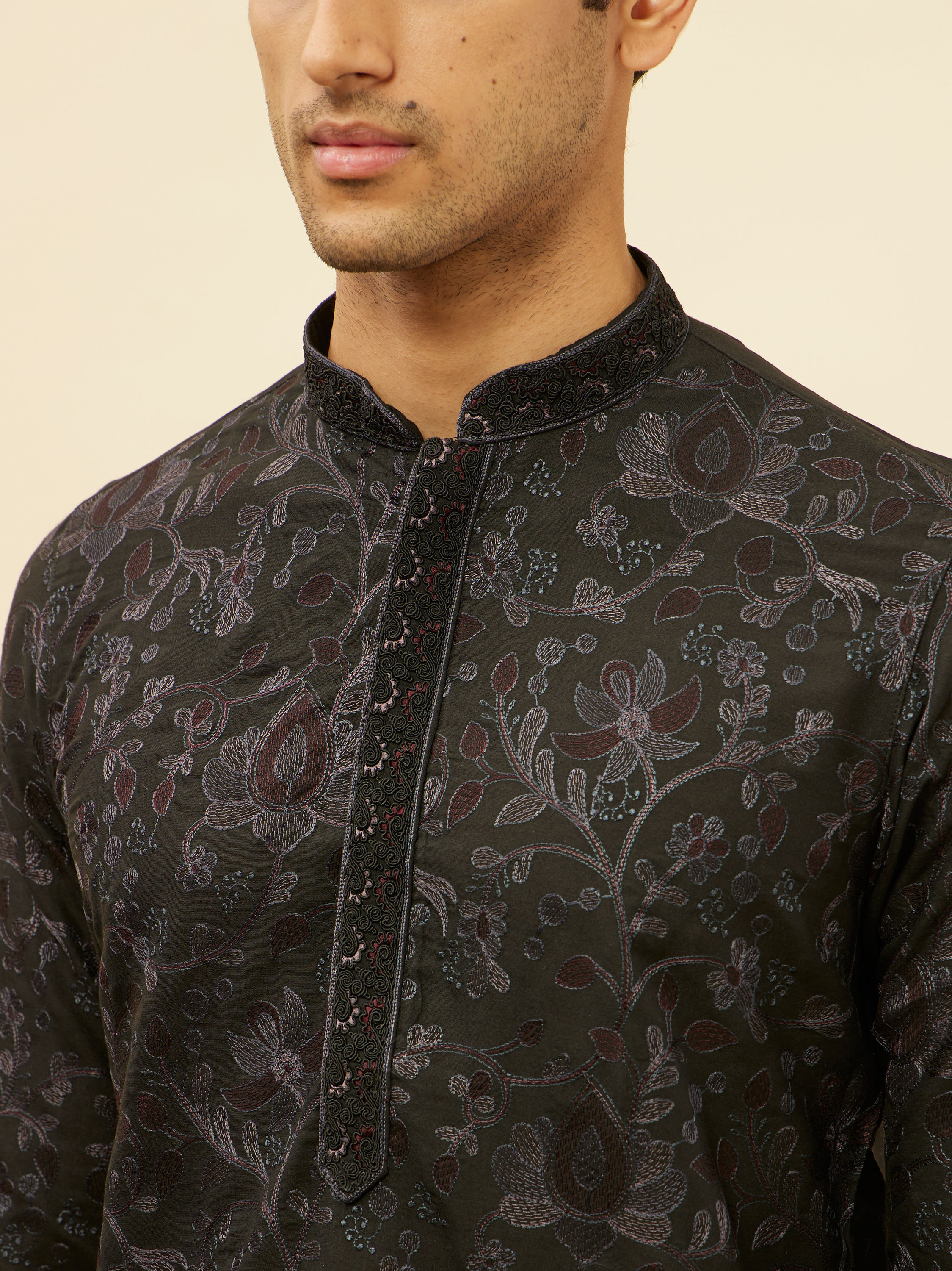 Manyavar Men Kohl Black Botanical Embroidered Kurta Set