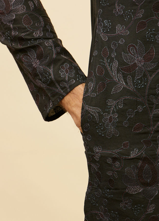 Manyavar Men Kohl Black Botanical Embroidered Kurta Set