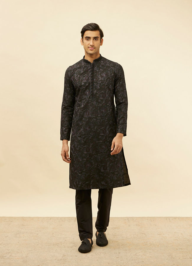 Manyavar Men Kohl Black Botanical Embroidered Kurta Set