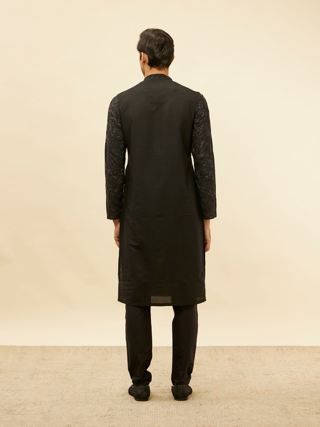 Manyavar Men Kohl Black Botanical Embroidered Kurta Set