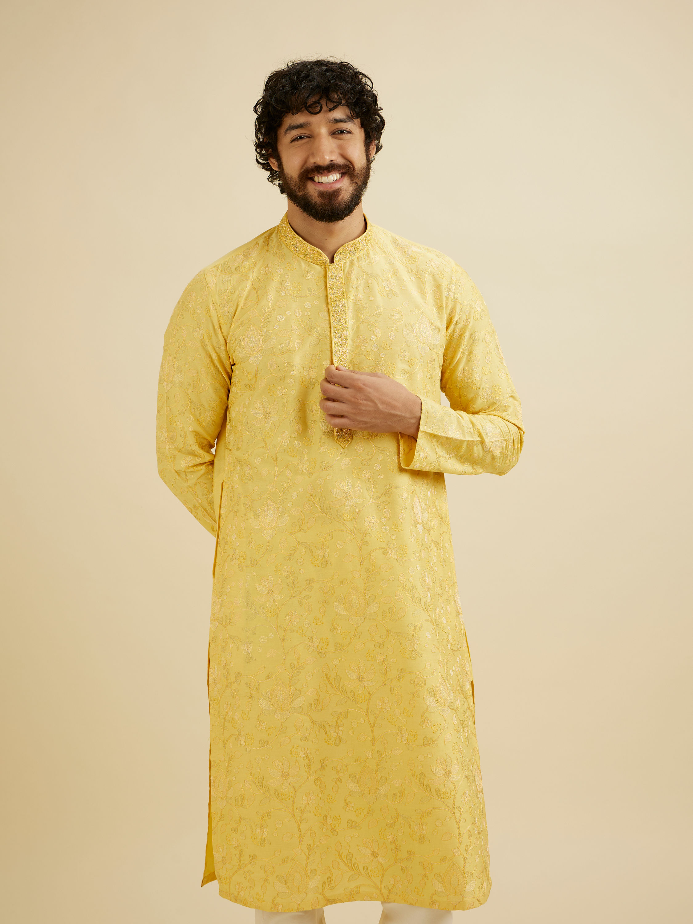 Manyavar Men Buttercup Yellow Bel Buti Patterned Kurta Set