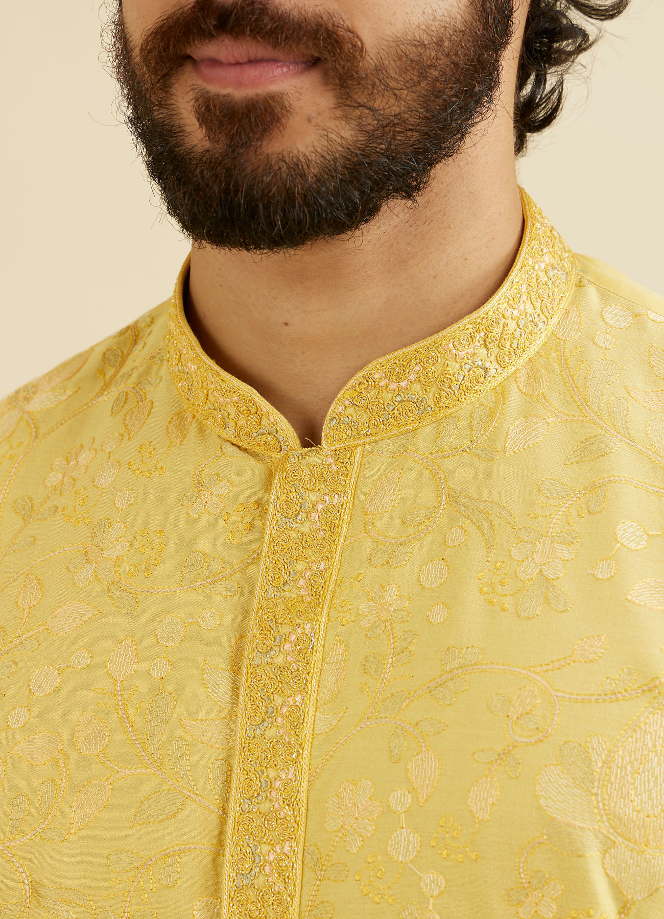 Manyavar Men Buttercup Yellow Bel Buti Patterned Kurta Set