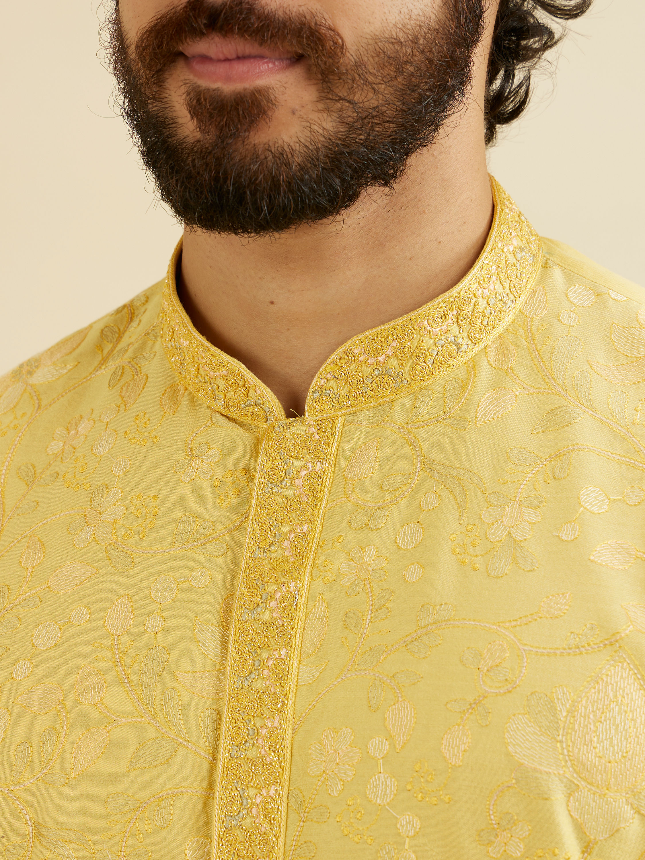 Manyavar Men Buttercup Yellow Bel Buti Patterned Kurta Set