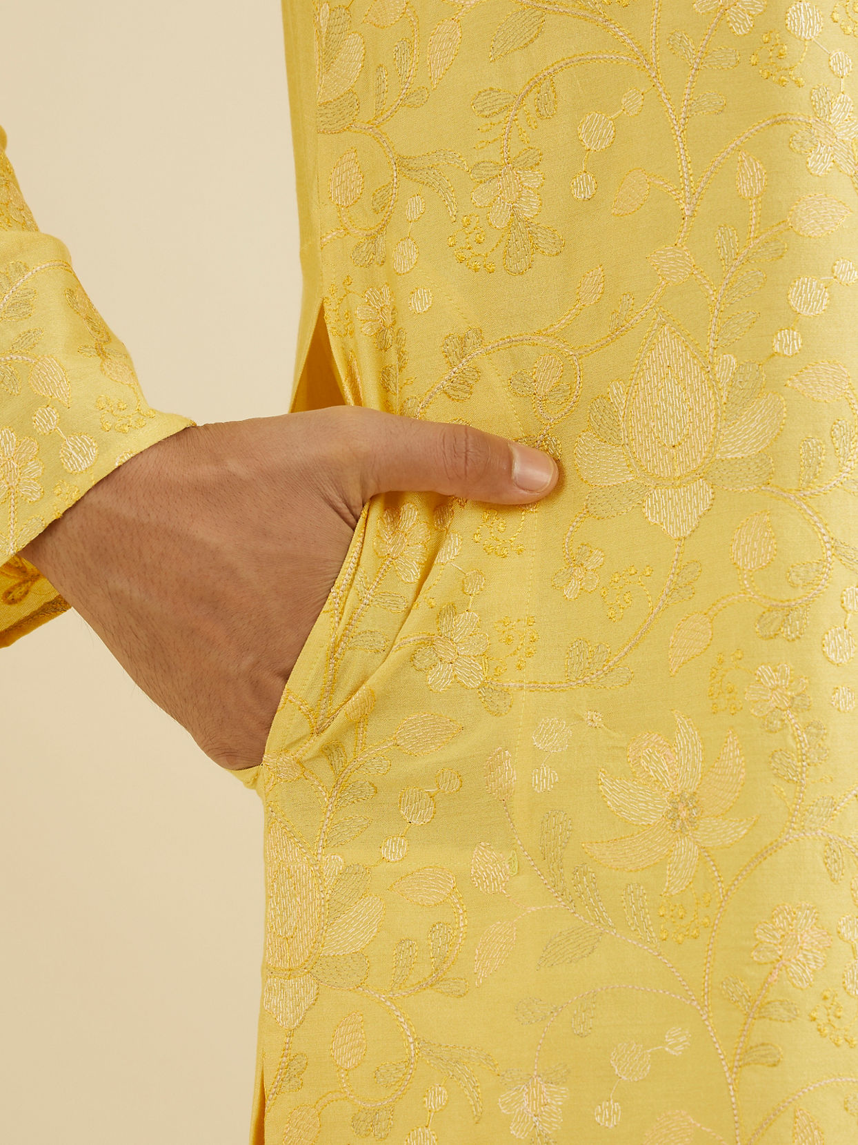 Manyavar Men Buttercup Yellow Bel Buti Patterned Kurta Set