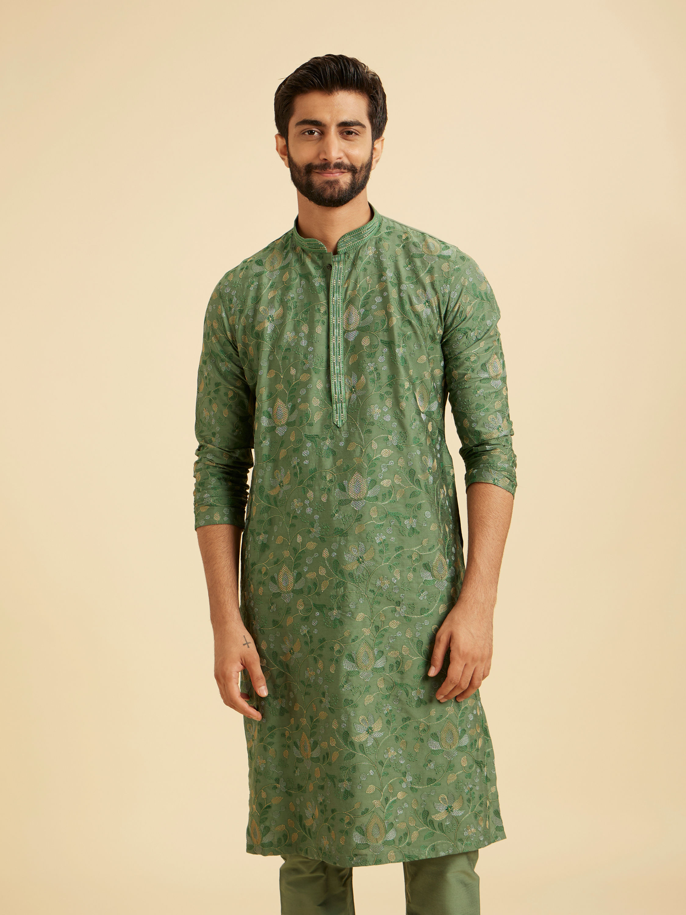 Manyavar Men Olive Green Regal Kurta Pajama