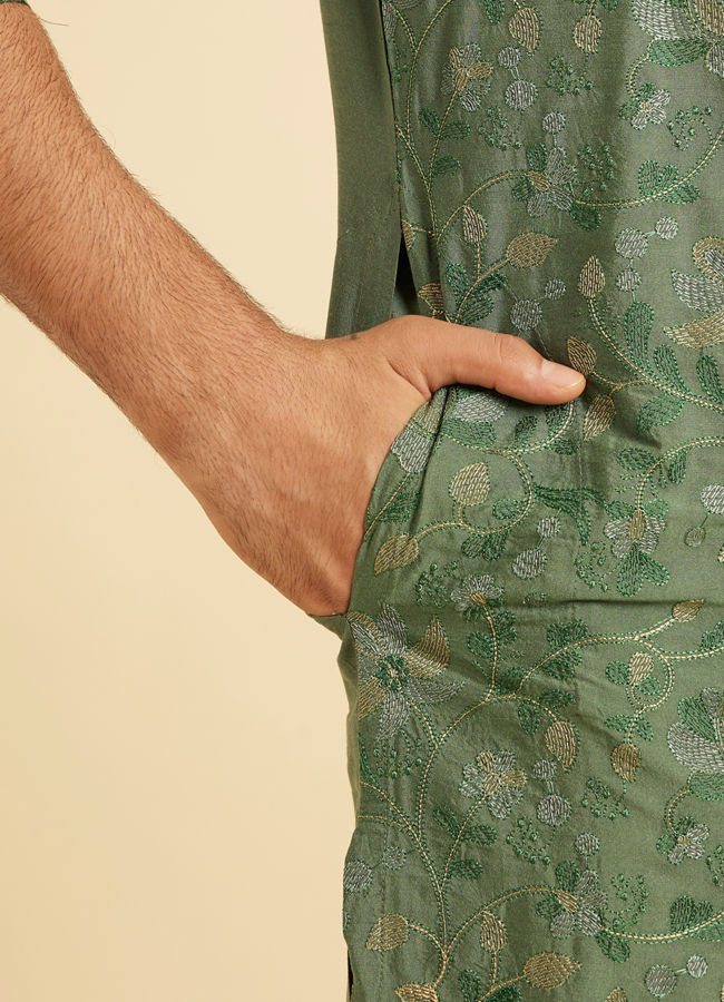 Manyavar Men Olive Green Regal Kurta Pajama