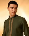 Manyavar Men Dark Green Kashidakari Embroidered Placket Kurta Set