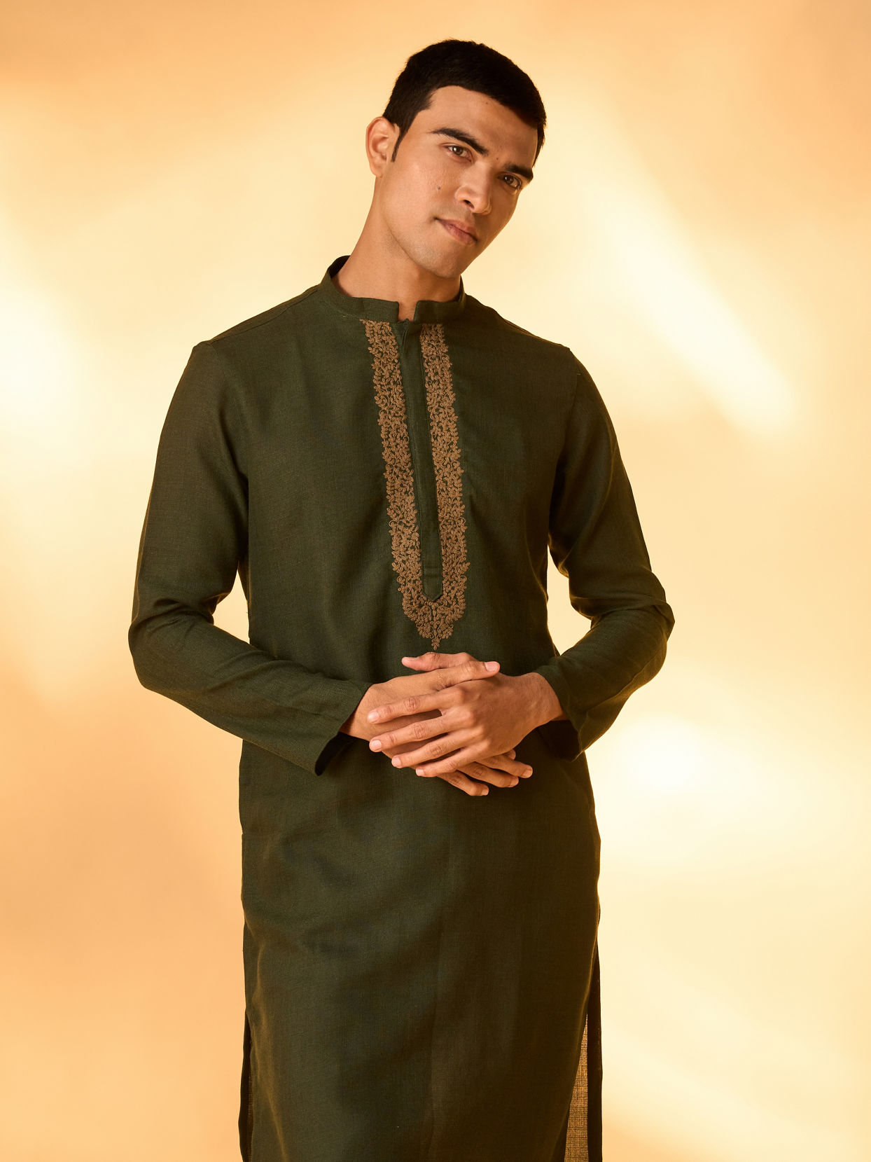 Manyavar Men Dark Green Kashidakari Embroidered Placket Kurta Set