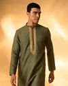 Manyavar Men Dark Green Kashidakari Embroidered Placket Kurta Set