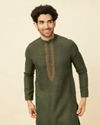 Manyavar Men Dark Green Kashidakari Embroidered Placket Kurta Set