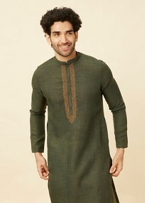 alt message - Manyavar Men Dark Green Kashidakari Embroidered Placket Kurta Set image number 0