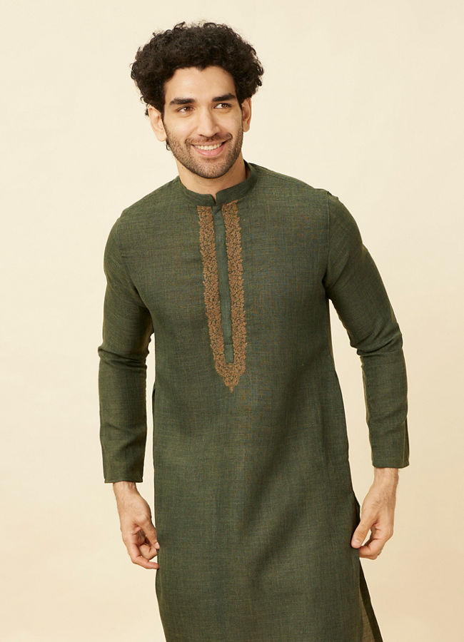 alt message - Manyavar Men Dark Green Kashidakari Embroidered Placket Kurta Set image number 0