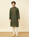 Manyavar Men Dark Green Kashidakari Embroidered Placket Kurta Set